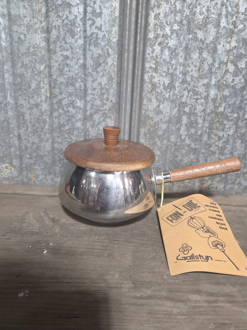 Vintage Gailstyn Co. Chrome Fondue Pot with Hardwood Lid & Recipe Tag